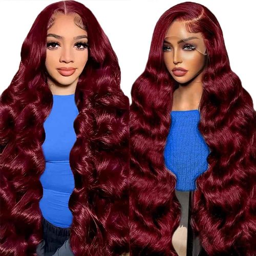 Ding Dian 28 Inch 99j Burgundy Lace Front Wigs Human Hair Red Wig Burgundy Human Hair Wig Glueless Lace Front Wigs for Women 13x4 Body Wave Lace Front Wigs Pre Plucked 180% Density