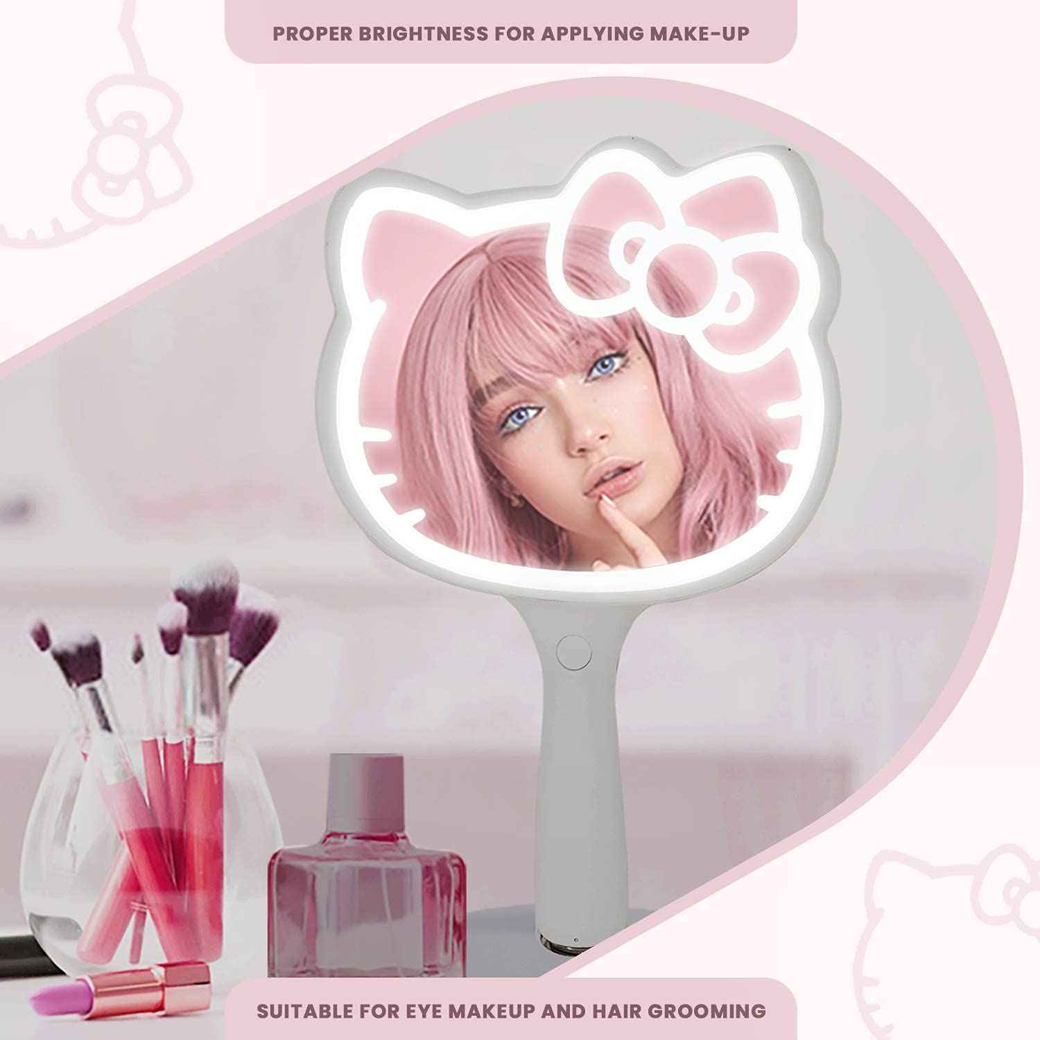 Impressions Vanity Hello Kitty LED Handheld Mirror, Makeup Vanity Mirror with Standing Base and Adjustable Brightness