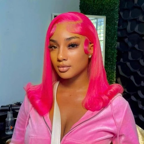 SEXAY Pink Bob Wigs 13x4 HD Lace 100% Human Hair Front Wig Brazilian Unprocessed Virgin Human Hair Wigs Pre Plucked Natural Hairline Transparent Lace Pink Front Bob for Women (14")