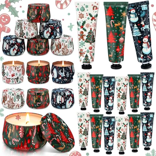 12sets/24pcs Christmas Bulk Gifts for Women 3.5oz Scented Candles & Hand Cream Lotion Set Christmas Stocking Stuffers Xmas Hand Cream Gift Relaxing Spa Set Travel Size Mini Lotion for Xmas Party Favor