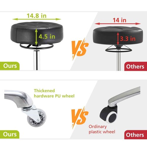 Rolling Stool with Wheels 400lbs Weight Capacity,Heavy Duty Lash Chair Adjustable for Tatoo Lab Massage Salon Spa Drafting Nail Teach,360 Swivel,Leather,Thick Seat Padding (Black)