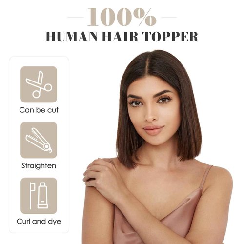 Elodia Human Hair Topper for Women No Bangs Large Base Clip in Real Hair Topper Hair Pieces for Thinning Hair Cover Grey Hair 12 inch Medium Brown