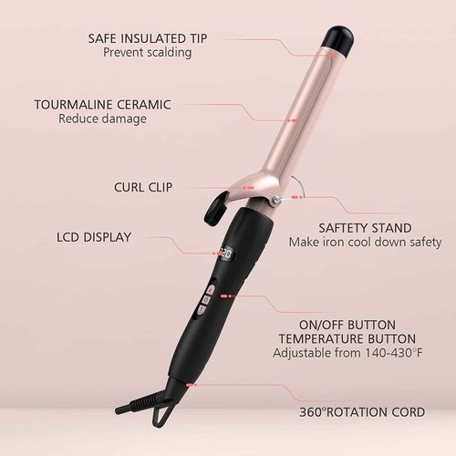 PRETFY 1 Inch Curling Iron with Ceramic Coating Barrel for Long/Medium Hair, 140-428℉ Adjustable Temperature, 30s Instant Heat, 110-240V Dual Voltage, Hair Waving Style Tool for Girls & Women