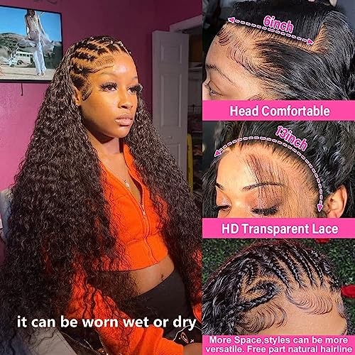13x6 Deep Wave Lace Front Wigs Human Hair 200% Density HD Lace Frontal Wigs 12A Glueless Curly Wigs Human Hair Pre Plucked with Baby Hair Wet And Wavy Wigs for Black Women Natural Black 22 inch
