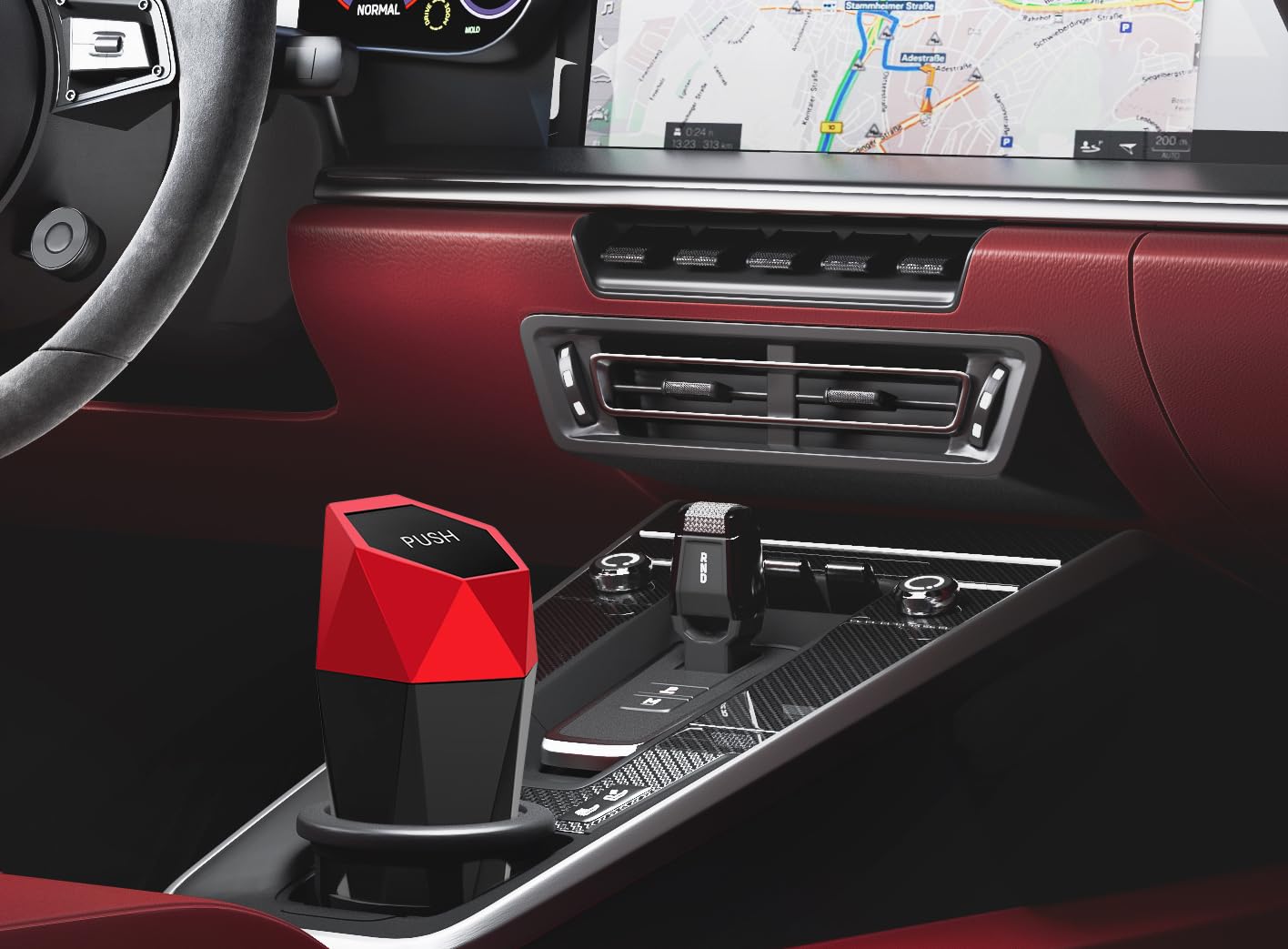 Ginsco Car Trash Can Cup Holder, Mini Car Trash Can with Lid, Car Accessories for Interior, Leakproof Small Trash Cup for Car, Home with Additional 2 ABS Hooks and 90pcs Trash Bags Red