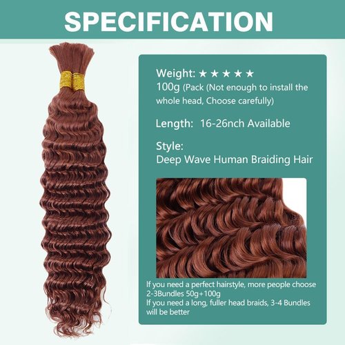 24 Inch 100g Human Braiding Hair 2 Bundles/Pack Deep Wave Bulk Human Braiding Hair for Boho Braids Wet and Wavy Brown Braiding Hair #30 Color No Weft Micro Braiding Hair Human Hair Extensions