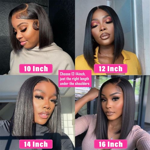 X-TRESS Bob Wig Human Hair Glueless Wig Wear and Go 13x4 HD Lace Front Wigs Human Hair Natural Black Pre-plucked Tiny Knots 14 Inch Short Straight Bob Wigs for Black Women 100% Brazilian Human Hair