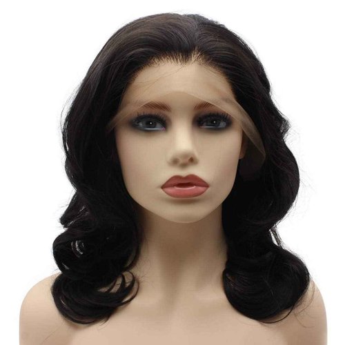 Aurssa Shoulder Length Wavy Dark Brown Half Hand Tied Heat Resistant Synthetic Lace Front Natural Wig