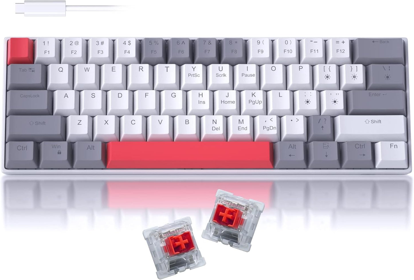 60% Mechanical Gaming Keyboard, White Gaming Keyboard with Red Switches, Detachable Type-C Cable Mini Keyboard with Blue LED Light for/PC/Laptop
