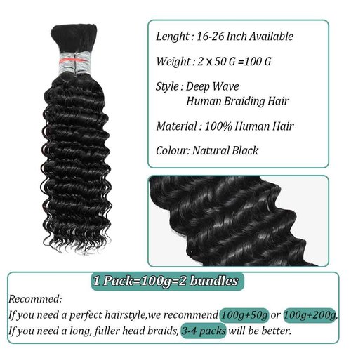 Human Braiding Hair for Boho Braids Human Hair Braiding Hair 22Inch Deep Wave Bulk Human Hair for Braiding No Weft 10A Wet and Wavy Human 2 Bundles/Pack Natural Color