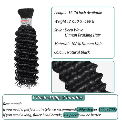 Deep Wave Bulk Human Hair For Braiding No Weft Unprocessed Brazilian Virgin Human Hair Extensions Wet And Wavy Micro Braiding Hair Bundles For Boho Braids Natural Color(26inch 2pack/100g)