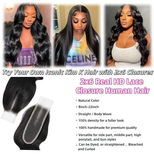 Anvnkl 2x6 HD Lace Closure Body Wave Human Hair Real HD Transparent 22inch 100% Brazilian Virgin Middle Part Pre Plucked with Baby Hair Natural Color Kim K 2x6 Closure