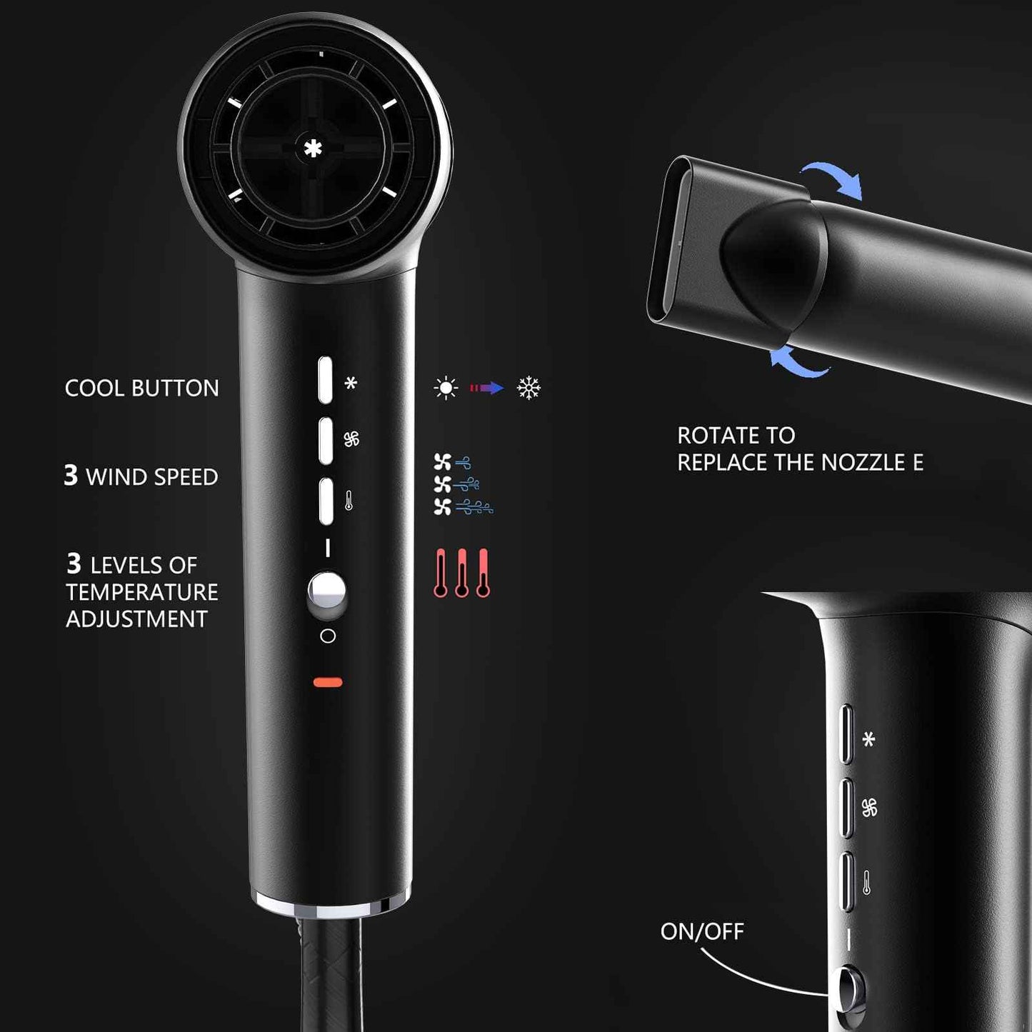 Hair Dryer, Professional Brushless Motor Ionic Hair Blow Dryer with Diffuser, Magnetic Nozzles, 0.83Pound, 2000W, 60dB, 3 Heat Settings & 3 Speed & Cold Settings, Diffuser Hair Dryer, Black