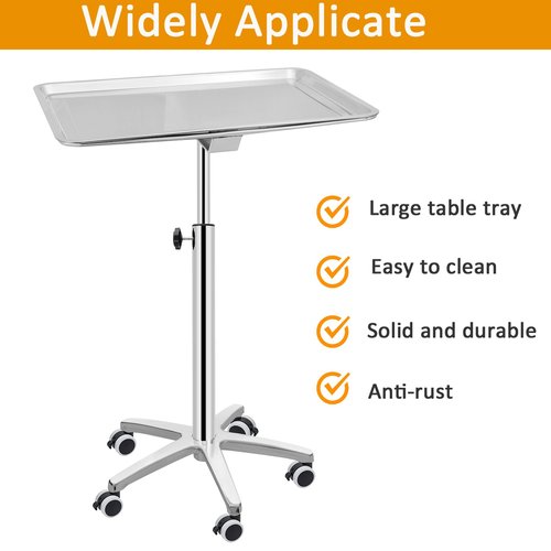 Salon Tray Extra Large Tattoo Tray Premium Stainless Steel Tray cart for Clinic Spa Dental，Rolling Hairstylist Tray Mayo Stand with Brake Wheels
