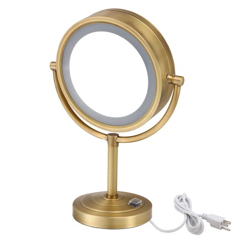 Cavoli 8.5 inch LED Makeup Mirror with 10X Magnification,has Three Colors Lights,Extendable Bathroom Mirror,Tabletop Two-Sided, Antique Brass Finish (Antique Brass, 10x Magnification)