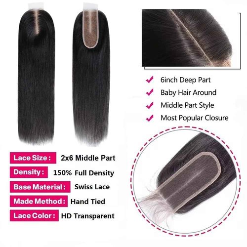 QIYING 2x6 HD Lace Closure with Bundles 18 20 22+16 Inch Straight Human Hair 100% Unprocessed Brazilian Virgin Weave Human Hair 3 Bundles Deals with Closure