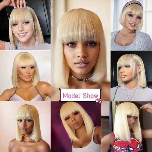 613 Blonde Bob Wig with Bangs Human Hair Realistic HD Lace on Top Straight 613 Wigs for Black Women 10 Inch Ready to Go Blunt Cut Glueless Bob Wig 150% Density Middle Parting
