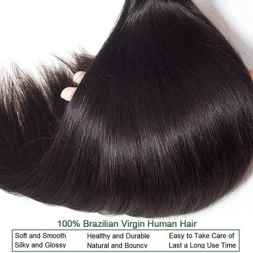 Afeier Straight Bundles Human Hair 20 22 24 26 Inch Straight Hair 10A Double Weft Hair Extensions for Women 4 Bundles Deals 100% Unprocessed Virgin Human Hair Natural Black