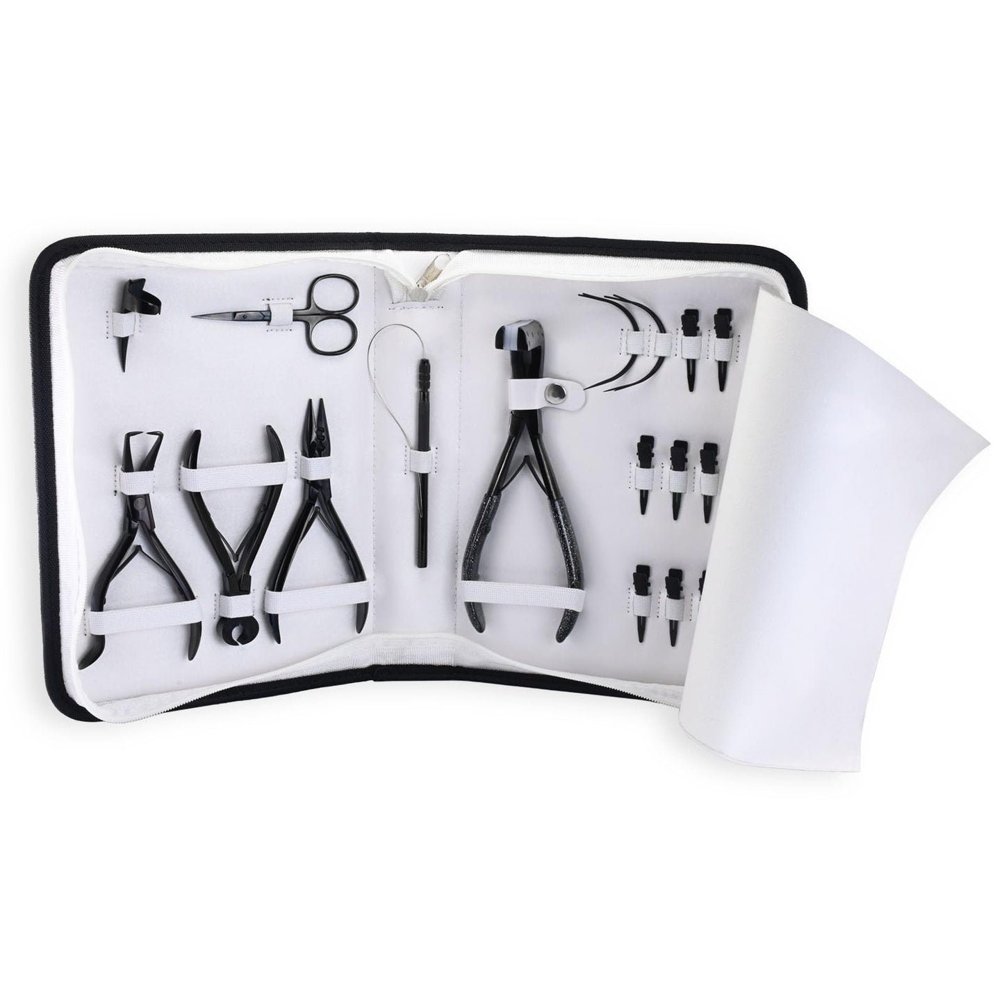 My Hair Tools Hair Extension Tools Kit – Tape-in Press Plier, Keratin Bond Cutter, 3 Hole Nano & Micro Beads Crimping & Remover Pliers, Hair Parting Tool, Mini Scissor, 12pcs Clips & Needles (Black)