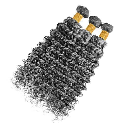 P1Bgrey Bundles Highlight Deep Wave Human Hair Bundle Grey Hair Weave Two Tone Black And Foxy Silver 3 Bundles 12 14 16 Inch #1Bgray Ombre Deep Curly Bundle
