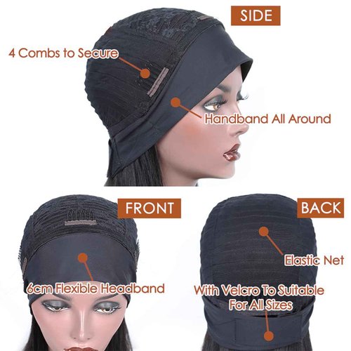 Kislemon Curly Headband Wig for Black Women, Ombre Dark Red 100% Unprocessed Human Hair Wigs, Burgundy Color Red Wine None Lace Front Wigs with Headband (24'', 1B/Burgundy, Curly), Ombre 1B/99J, Curly