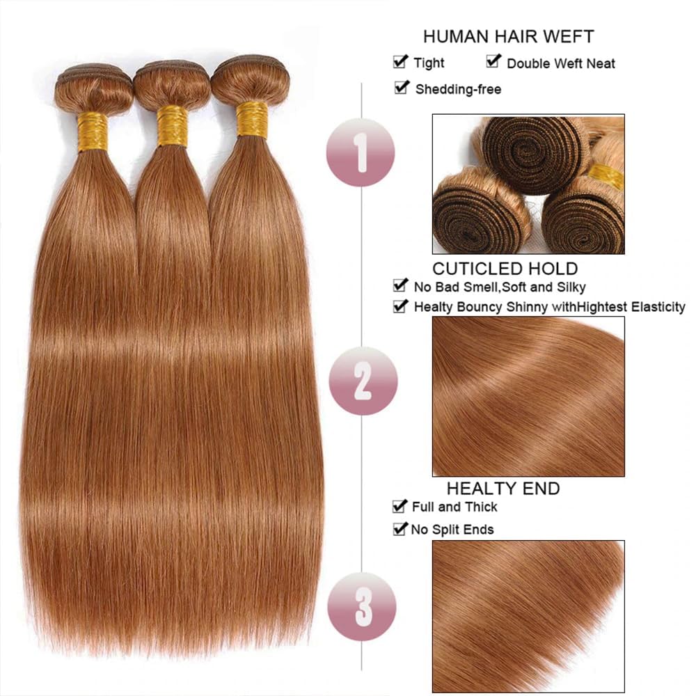 Habiliana Bundles Human Hair 18 20 22 Inch Straight 30 Light Brown Human Hair Bundles 11A Unprocessed Brazilian Virgin Quick Weave Hair Extensions for Black Women