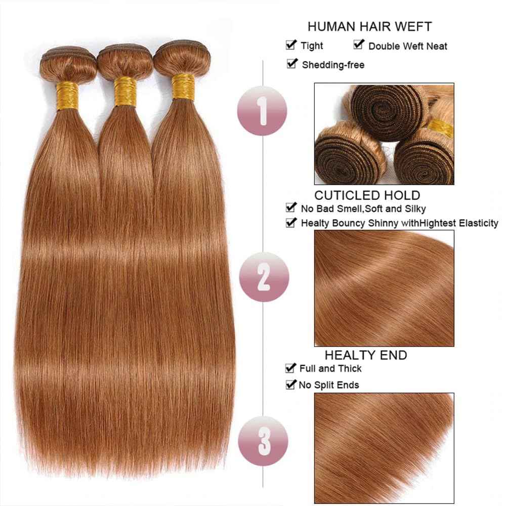 Habiliana Bundles Human Hair 26 28 30 Inch Straight 30 Light Brown Human Hair Bundles 11A Unprocessed Brazilian Virgin Quick Weave Hair Extensions for Black Women