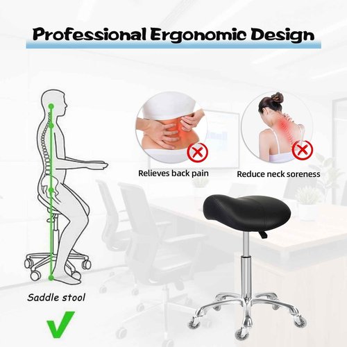 Saddle Stool with Wheels, Rolling Ergonomic Stool with Thick Saddle Seat, Adjustable Chair for Medical Dental Massage Clinic Salon (Black, Without Backrest)