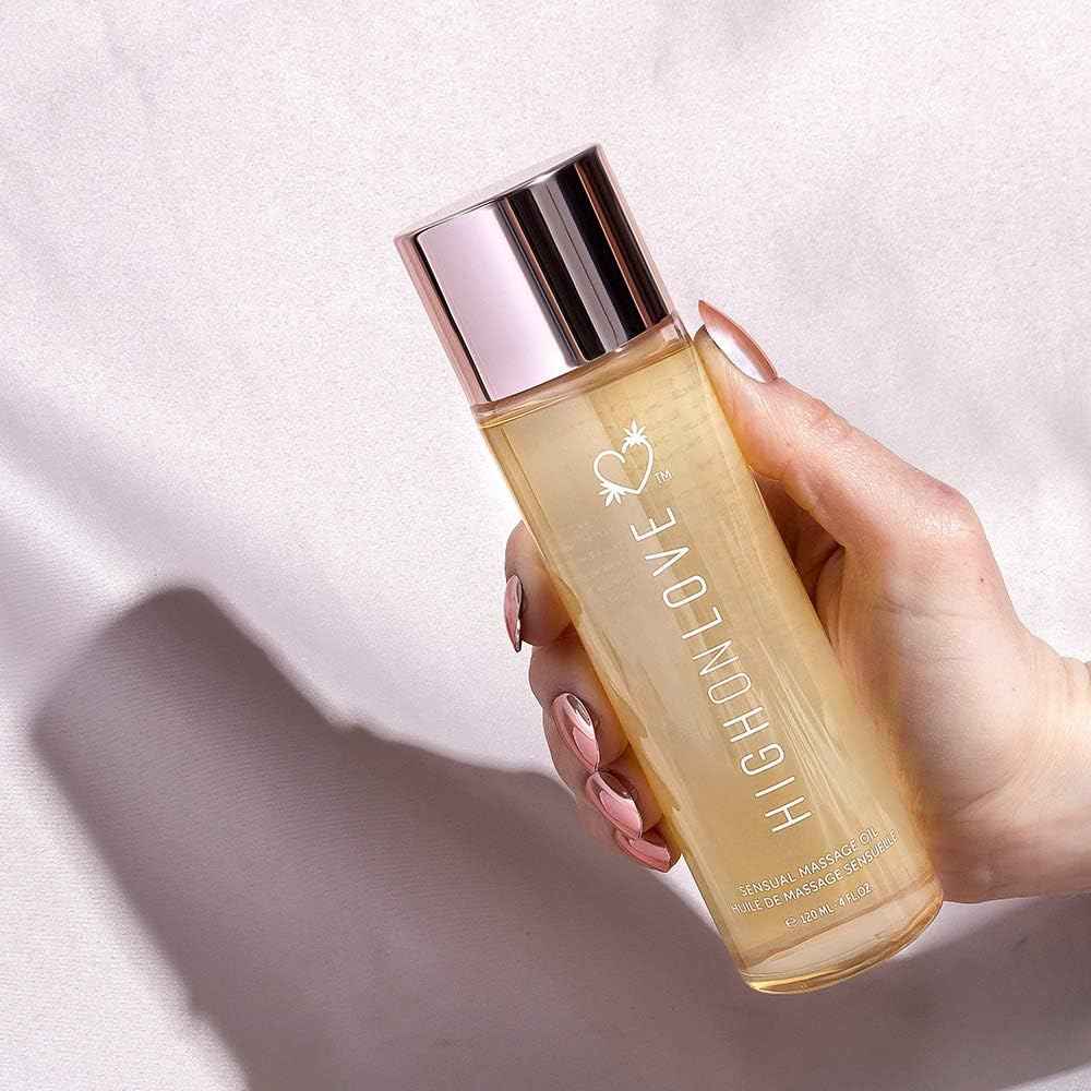 HIGHONLOVE Natural Body Oil with Hemp Seed, Grape Seed, & Vitamin E Oil - Moisturizing Body Glow with a Non-Greasy, Glowy Finish by High On Love (120 ml) (Strawberries & Champagne)