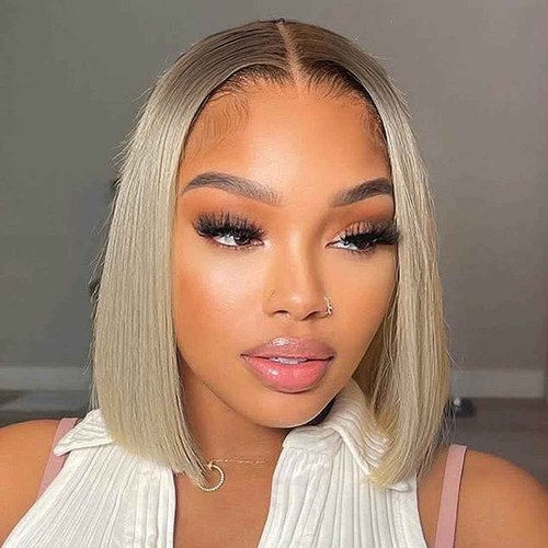 Orijodie 180% Density Ombre Ash Blonde Bob Wig Human Hair 13x4 HD Invisible Front Wigs for Women Grey Ash Blonde Glueless Straight Bob Wig with Dark Roots Bleached Knots 14 Inch