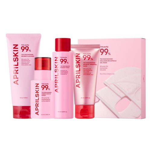 APRILSKIN TXA Pink Skincare Full Set: Bubble Gum Deep Cleanser, Toning Shot Spicule Facial Serum, Pink Milky Toner, Overnight Wrapping Mask and Capsule Gel Mask | Stocking Stuffers for Teen Girls