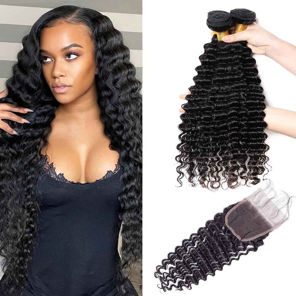 GOSSVOL Deep Wave Bundles with Closure Human Hair 20 22 24 inch Wavy Curly Hair Extensions 5x5 HD Lace Closure Free Part 100% Unprocessed Virgin Hair with Closure