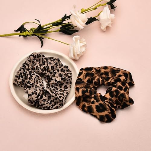 2 PCS Leopard Print Hair Scrunchies Satin Hair Bobbles Cheetah Print Scrunchy Hair Ties Elastic for Women Girls Silk Ponytail Holders Soft Hair Bobble Tie for Long Thick Hair Accessories