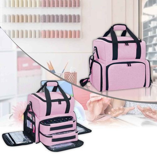 YAHOURWAT Nail Polish Organizer Case Holds 80 Bottles (15ml - 0.5 fl.oz) and a Nail Lamp,Nail Polish Case with 2 Removable Bags and Tools Storage Sections Pink