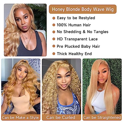 Honey Blonde Lace Front Wig Human Hair 27# Colored Human Hair Lace Front Wigs 13x4 Body Wave Glueless Lace Front Wigs Human Hair 200 Density 22 Inch