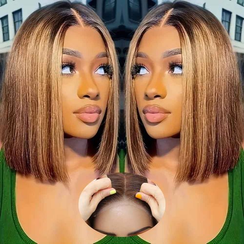 Highlight 4/27 Honey Blonde Wear and Go Glueless Bob Wig Human Hair 5x5 Hd Lace Closure Wigs 12 Inch 200 Density Straight Ombre Brown Bob Lace Front Wig No Glue Pre Plucked Baby Hair for Women