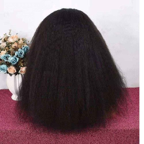 meishengzhiyuan Kinky Blow Out Wig With Bangs Human Hair None Lace Front Wig Glueless Kinky Straight Scalp Top Wig Full Machine Made Brazilian Remy Hair 150 Density Natural Color 12 inch