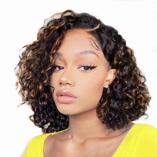 1B/30 Curly Bob Wig Human Hair 12 Inch Side Part Short Ombre Curly Wigs for Black Women Water Wave Lace Front Wigs Human Hair Glueless Wear and Go PrePlucked Pre Cut 4x4 HD Lace Closure Wig for Summer