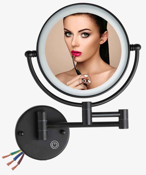 RECKODOR Hard Wired Make up Mirror Magnifying Lighted Black Wall Mounted, 8" 1X/5X Double-Sided 360 Swivel Extendable Arm Bathroom Makeup Mirror Wall Mount, Touch Dimmable, Matt Black