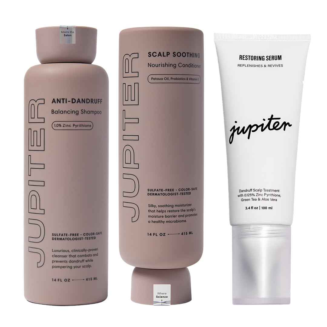 Jupiter Anti Dandruff Shampoo, Conditioner & Serum for Flaky, Itchy, Oily & Dry Scalp - Nourishes Scalp, Reduces Breakage & Flakes - Color-Safe, Sulfate-Free, Paraben-Free