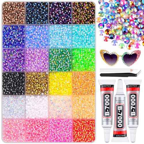 30000Pcs Resin Rhinestones with B7000 Jewelry Glue for Crafting, Multicolors 3mm Non Hotfix Flatback Gems, Bedazzling Crystal for DIY Crafts Clothing Tumblers Mugs Shoes Fabric Decor Nail Art