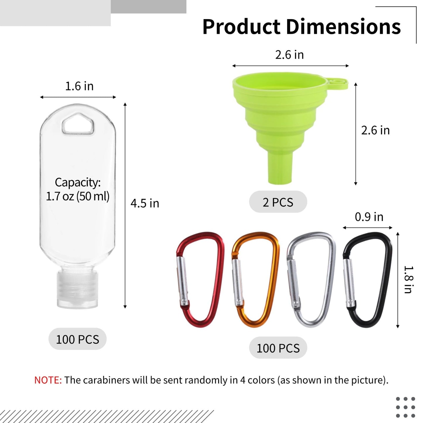 100 PCS Keychain Empty Hand Sanitizer Bottles - 1.7 oz Portable Keychain Travel Bottles, Empty Squeeze Plastic Bottle with Flip Cap, Refillable Containers with 2 Foldable Funnels for Shower Gel Lotion