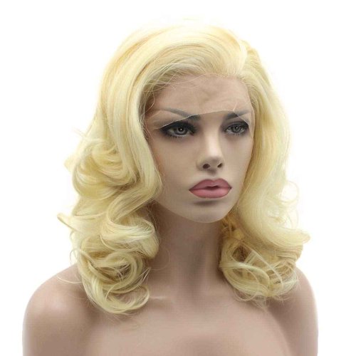 Lushy Medium length Wavy Light Blonde Wig Full Density Half Hand Tied Heat Friendly Synthetic Lace Front Wig
