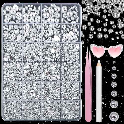 Silver Pearls for Crafting, Flatback Pearl for Nails 7 Sizes Half Round Nail Art Pearls ABS Pearl Beads Gems for Nails Art DIY Crafting Face Hair Manicure DIY