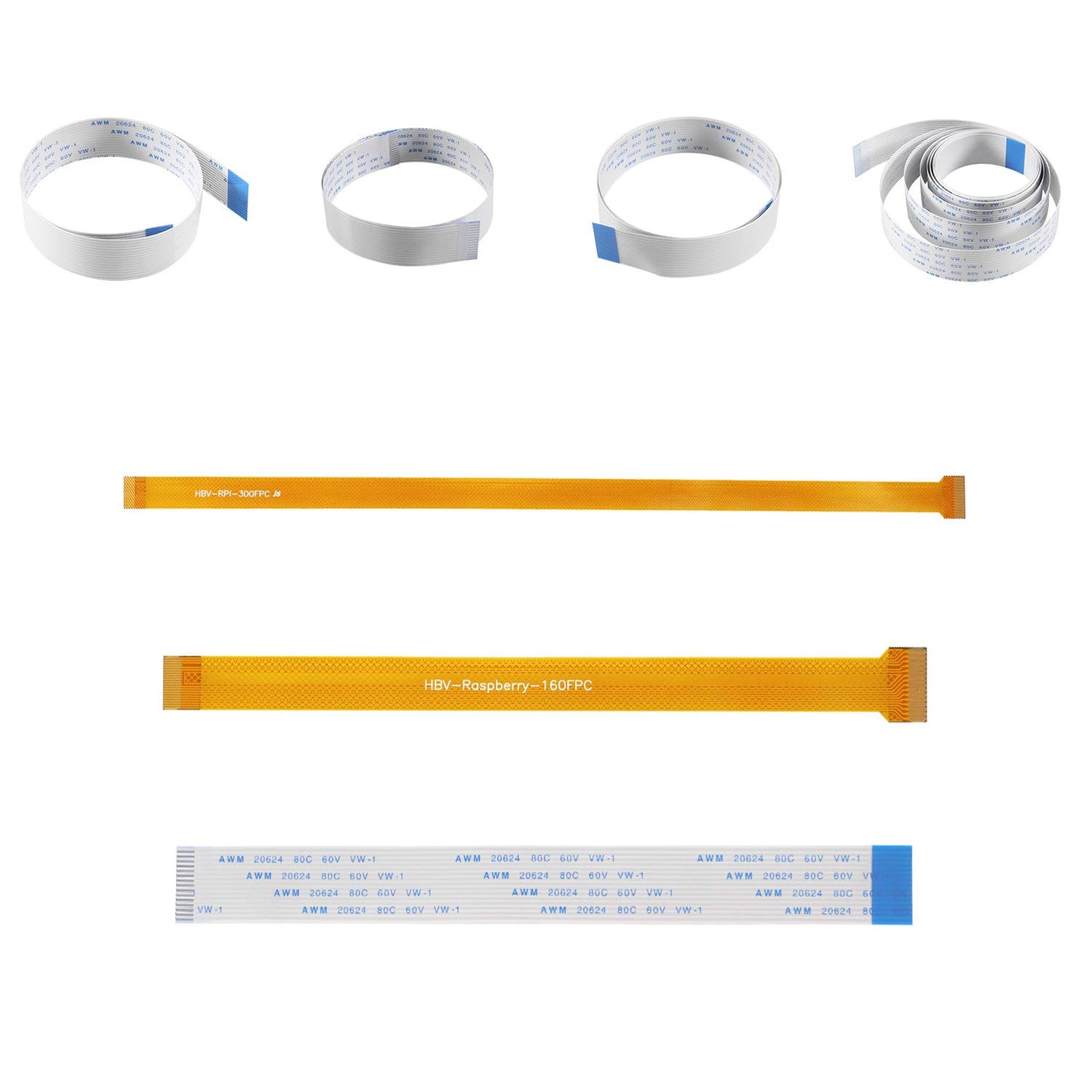 Aokin for Raspberry Pi Camera Cable, Ribbon Flex Extension Cable Set (7 Pcs), 5.90/11.81/19.68/39.37/78.74in White Cable for Pi A/B/B+, 2, 3 3B+, 4; 6.30/11.81in Golden Cable for Pi Zero/Zero w