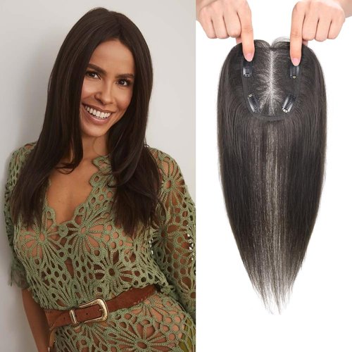 YWGYWG Hair Toppers for Women Real Human Hair, 4x4.8 Inch Upgrade Basement 360° Cover 3D Clip in Hairpieces for Women with Thinning hair, 14 Inch 2# Dark Brown