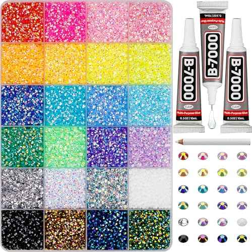 31000Pcs Rhinestones for Bedazzling, 3mm Bedazzler Kit with Flatback Rhinestones for Clothes Crafting Crafts Nails Clothing, Flat Back Resin Rainbow Colorful Colored Crystal with B 7000 Glue Clear