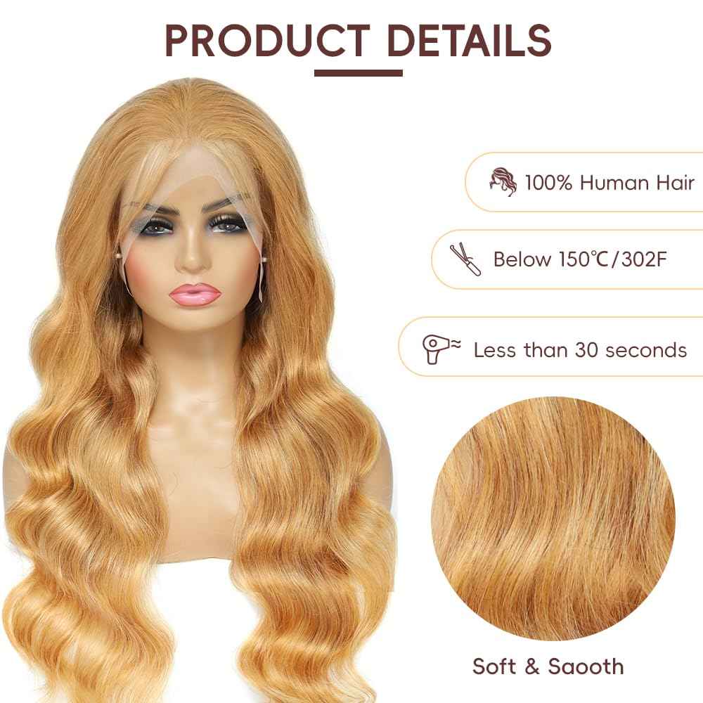Honey Blonde HD Lace Front Wig Human Hair Pre Plucked Body Wave Honey Blonde Wig Human Hair 200% Density Lace Frontal Wigs Colored 27# 30 Inch