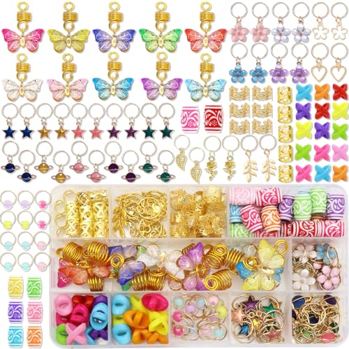 NAISKA 140Pcs Gold Butterfly Hair Jewelry for Braid Colorful Star Flowers Pendant Loc Dreadlocks Accessories Acrylic Beads Hair Coils Rings Hair Cuffs Braids Jewelry Decorations for Women