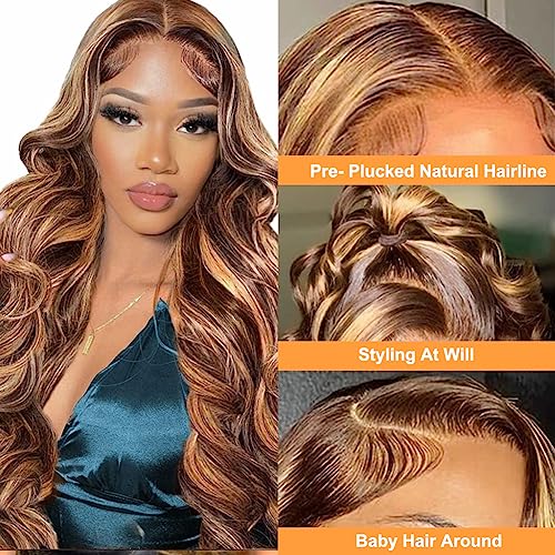 26 Inch Honey Blonde Lace Front Wig Human Hair Pre Plucked Ombre 13x4 Body Wave Lace Front Wigs Human Hair 4/27 Highlight 180 Density HD Lace Frontal Wigs